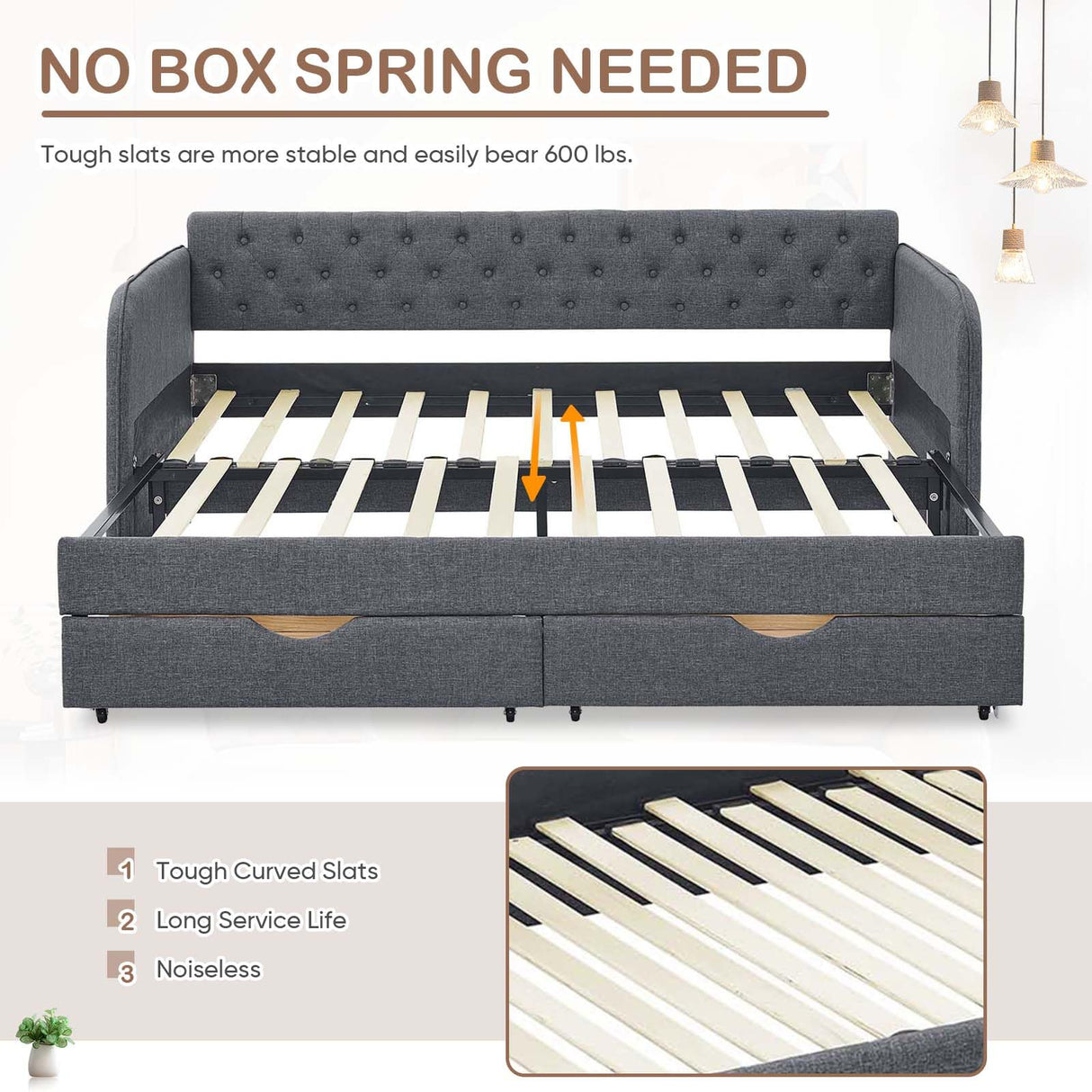 Antetek 80.5" Daybed with Drawer, Modern Button Tufted Linen Day Bed with Trundle Bed Twin to King, Upholstered Daybed Frame w/Storage Pocket for Bedroom, Living Room, No Box Spring Needed, Dark Grey Antetek