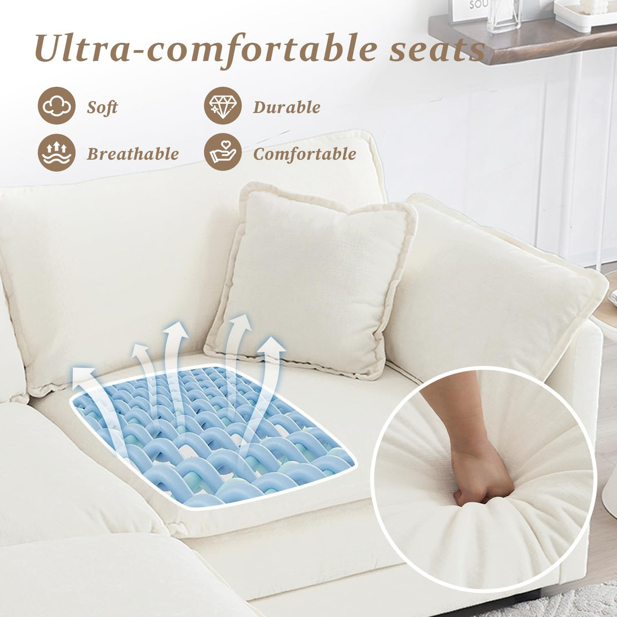 SoarFlash Chenille Sectional Sofa, Comfy L Shaped Modular Coush Sofa with Ottoman, Modern 2 Seat Couch Deep Seat Sofa Set for Living Room,White SoarFlash