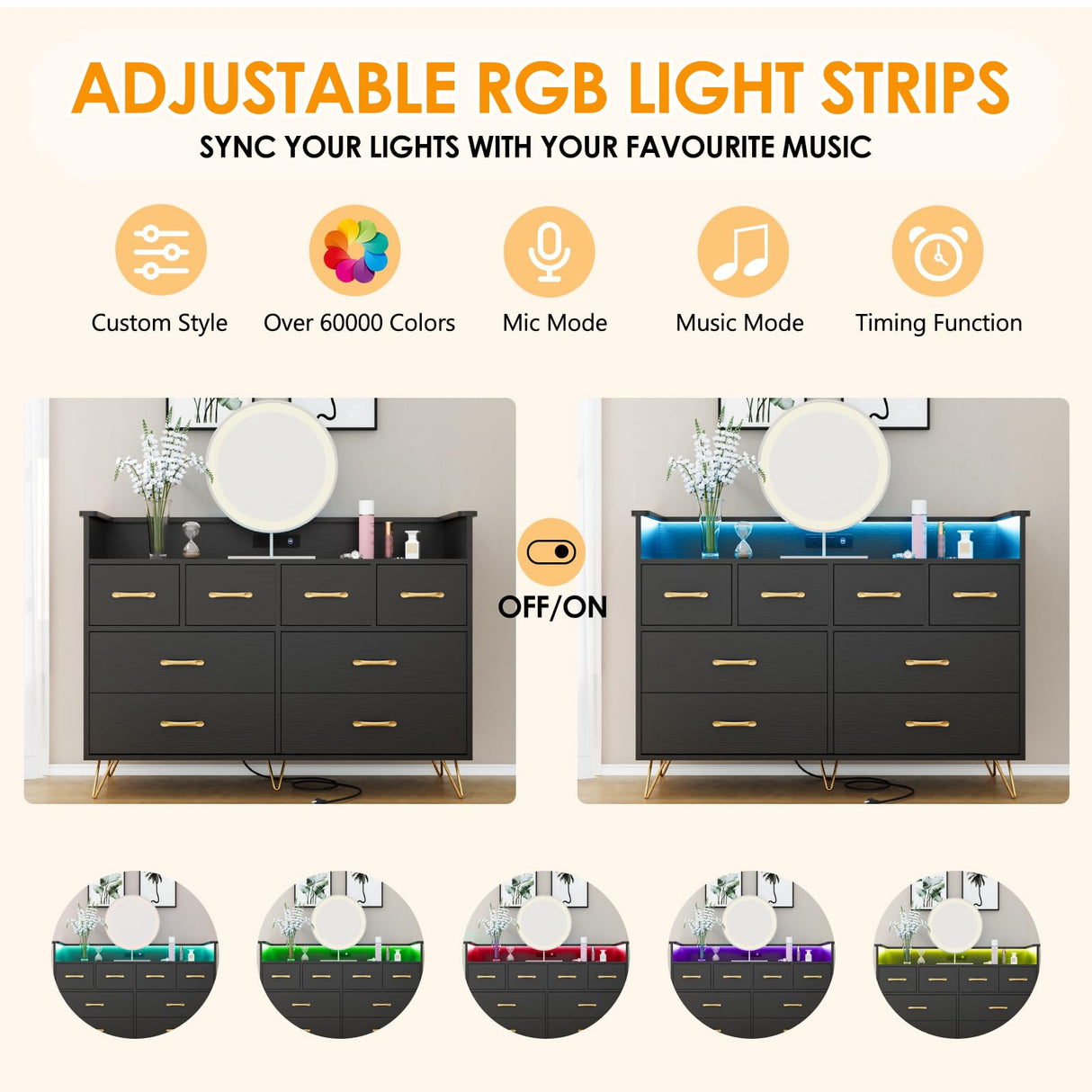 Black Dresser with Power Outlet and LED Lights, Wood 8 Drawer Dresser for Bedroom, Modern Chest of Drawers with Gold Handles and Open Storage Space for Closet, Living Room, Entryway HarmoHaby