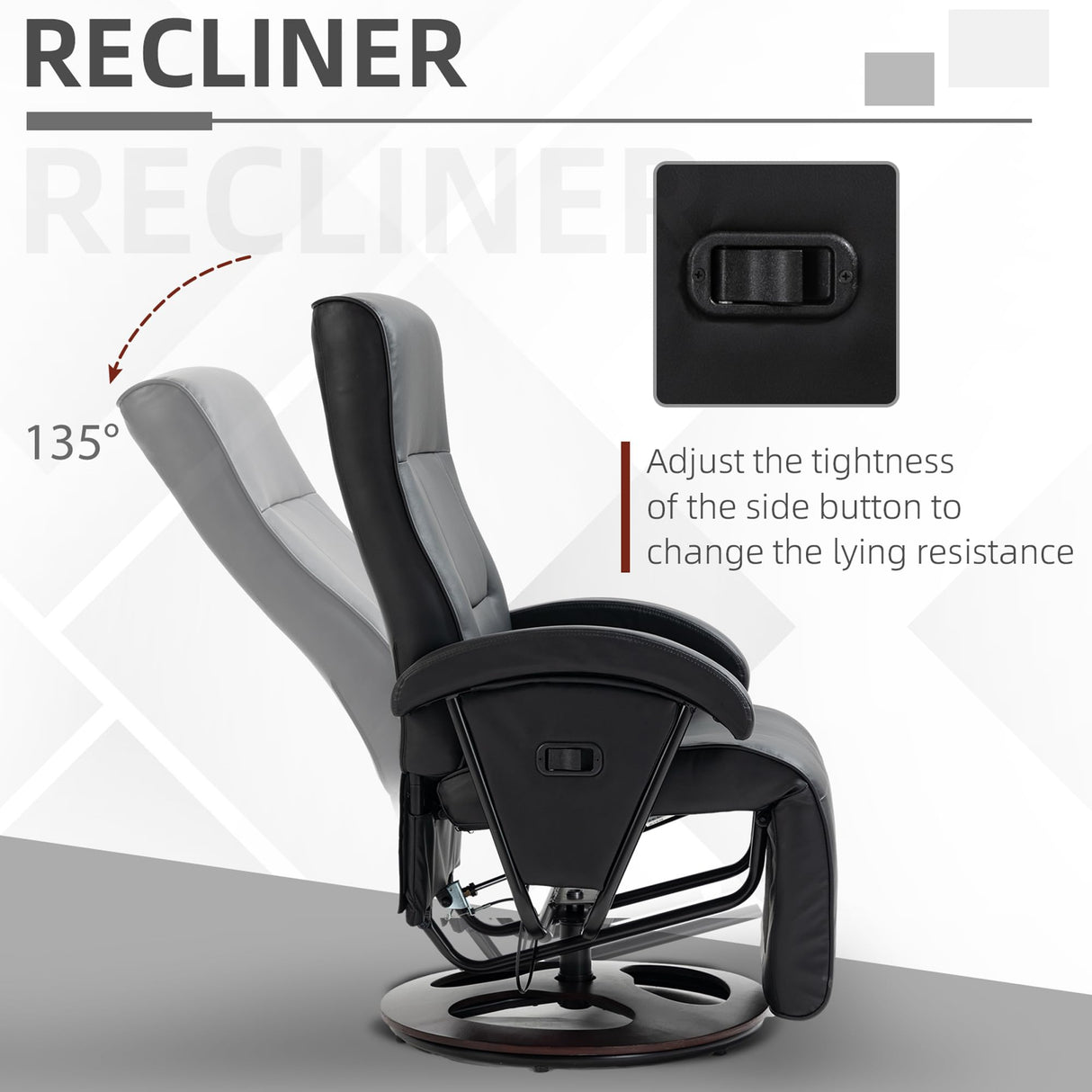 HOMCOM PU Recliner with Footrest, Lounge Chair with 135° Adjustable Backrest, Swivel Wood Base, Padded Seat & Armrests for Living Room, Black HOMCOM