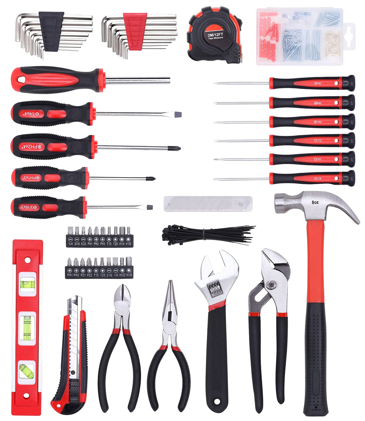FASTPRO 215-Piece Home Repairing Tool Set with 12-Inch Wide Mouth Open Storage Bag,Household Hand Tool Kit,Red FASTPRO