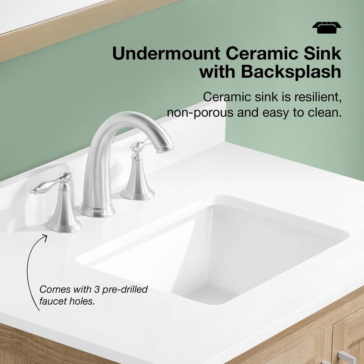 OVE Decors Kansas 24" Single Sink Bathroom Vanity Set with Countertop, Fully-Assembled | Ceramic Sink and Backsplash Included | 02 Doors, 01 Drawer, 24 inches, White Oak OVE Decors