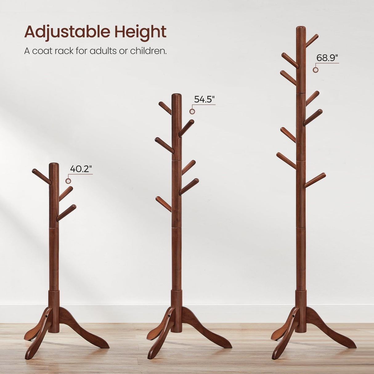 VASAGLE Solid Wood Coat Rack, Free Standing Coat Rack, Tree-Shaped Coat Rack with 8 Hooks, 3 Height Options, for Clothes, Hats, Bags, for Living Room, Bedroom, Home Office, Dark Walnut URCR01WN VASAGLE