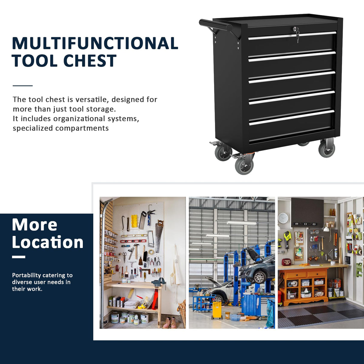 5-Drawer Metal Rolling Tool Chest with Wheels,Tool Storage Cabinet With Locking System,Toolbox with Wheels for Garage, Warehouse, Workshop, Repair Shop(Black) OAKANDO