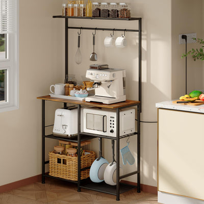 X-cosrack 60" Tall Bakers Racks for Kitchens, Microwave Stand, 4-Tiers Coffee Bar Table,with Adjustable Shelves and 6 S-Hooks,Open Shelf Storage, Kitchen Shelf for Spices, Pot Rack, Rustic Brown