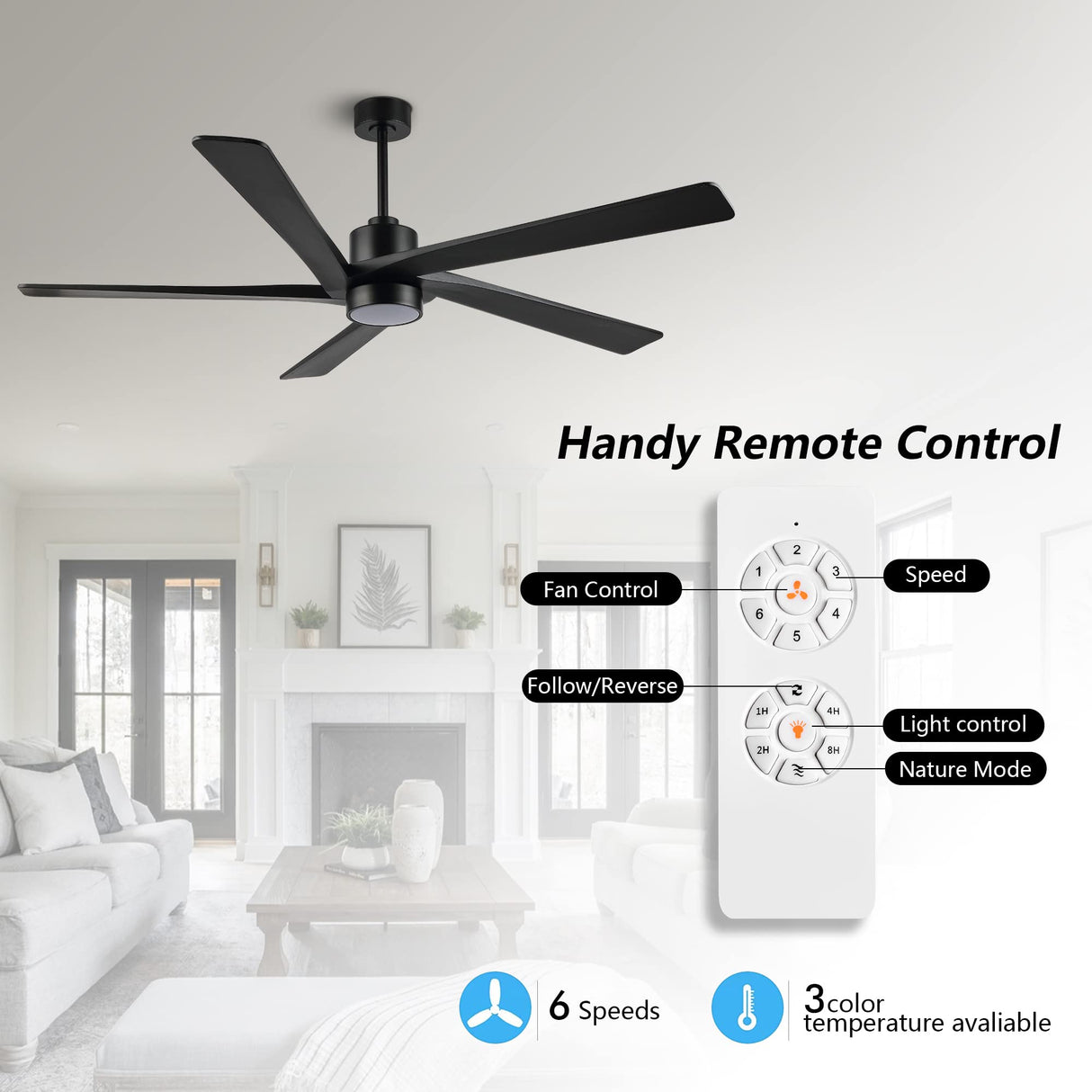 WINGBO 54" DC Ceiling Fan with Lights, 5 Carved Solid Wood Blades, 6-Speed Reversible DC Motor, Matte Black Finish Ceiling Fan with Remote, Black WINGBO