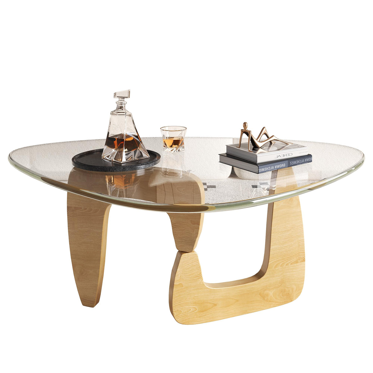 WLIVE Coffee Table, Small Glass Coffee Table with Solid Wood Legs, 32.7" Mid Century Triangle Living Room Tables, Modern Center Table for Small Spaces Living Room, Reception, Office, Natural WLIVE