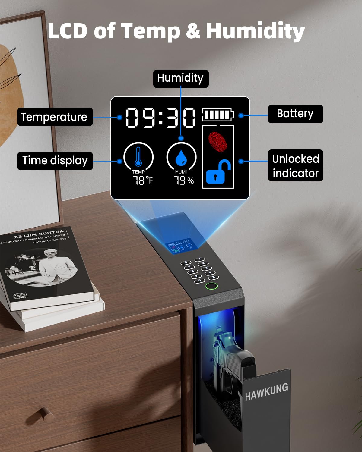 Gun Safe, Slider Biometric Gun Safe for Handgun Mounted Single Bedside Pistol Case with 3 Ways Quick Access Gun Lock Box for Nightstand, Bed, Desk, Wall, Dresser HAWKUNG