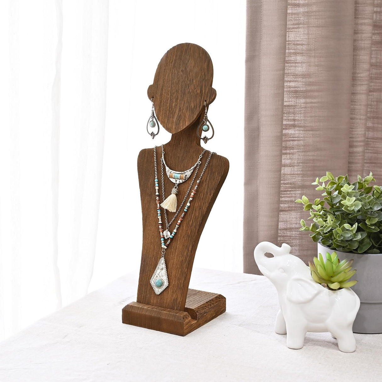 MOOCA Portable Wooden Mannequin Jewelry Stand, Jewelry Display Organizer for Earrings & Multiple Necklace, Brown Color MOOCA