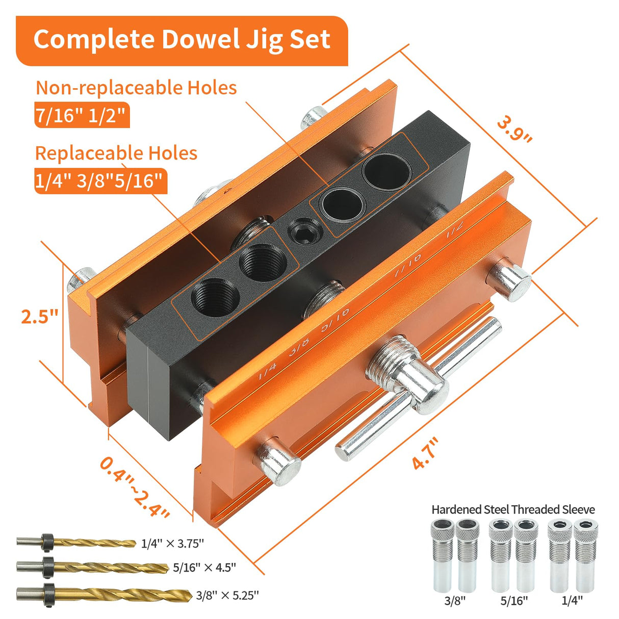 Self Centering Doweling Jig Kit - Adjustable Width Dowel Jig Kit for Straight Holes, Biscuit Joiner Set, 6 Bushings, 3 Size Drill Bits - Woodworking Precision Tool TIMBUTUS