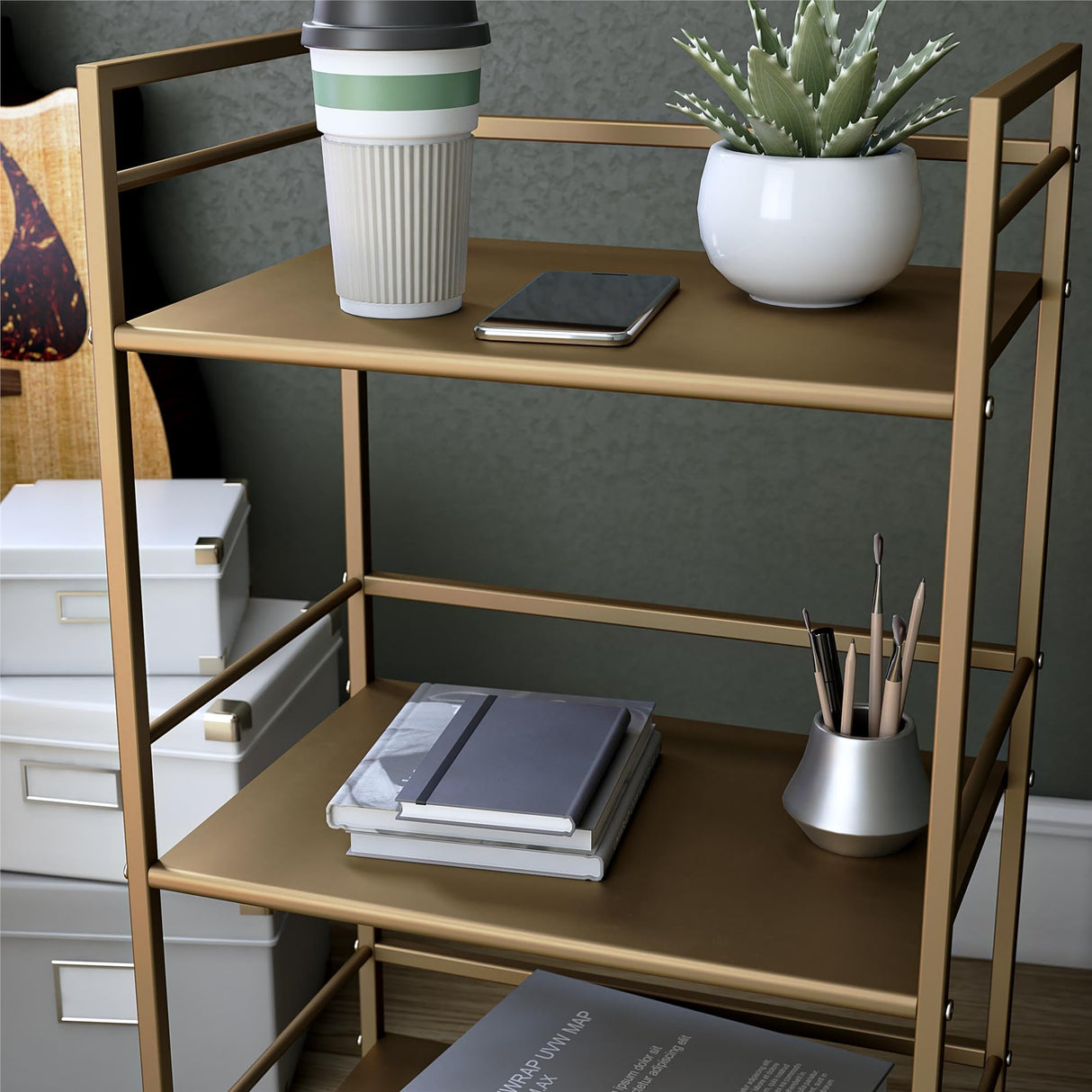 Novogratz Helix Small Bar Cart for the Home, 3 Tier Rolling Cart With Wheels, Kitchen Cart with Storage for Beverages and Wine, Gold Novogratz