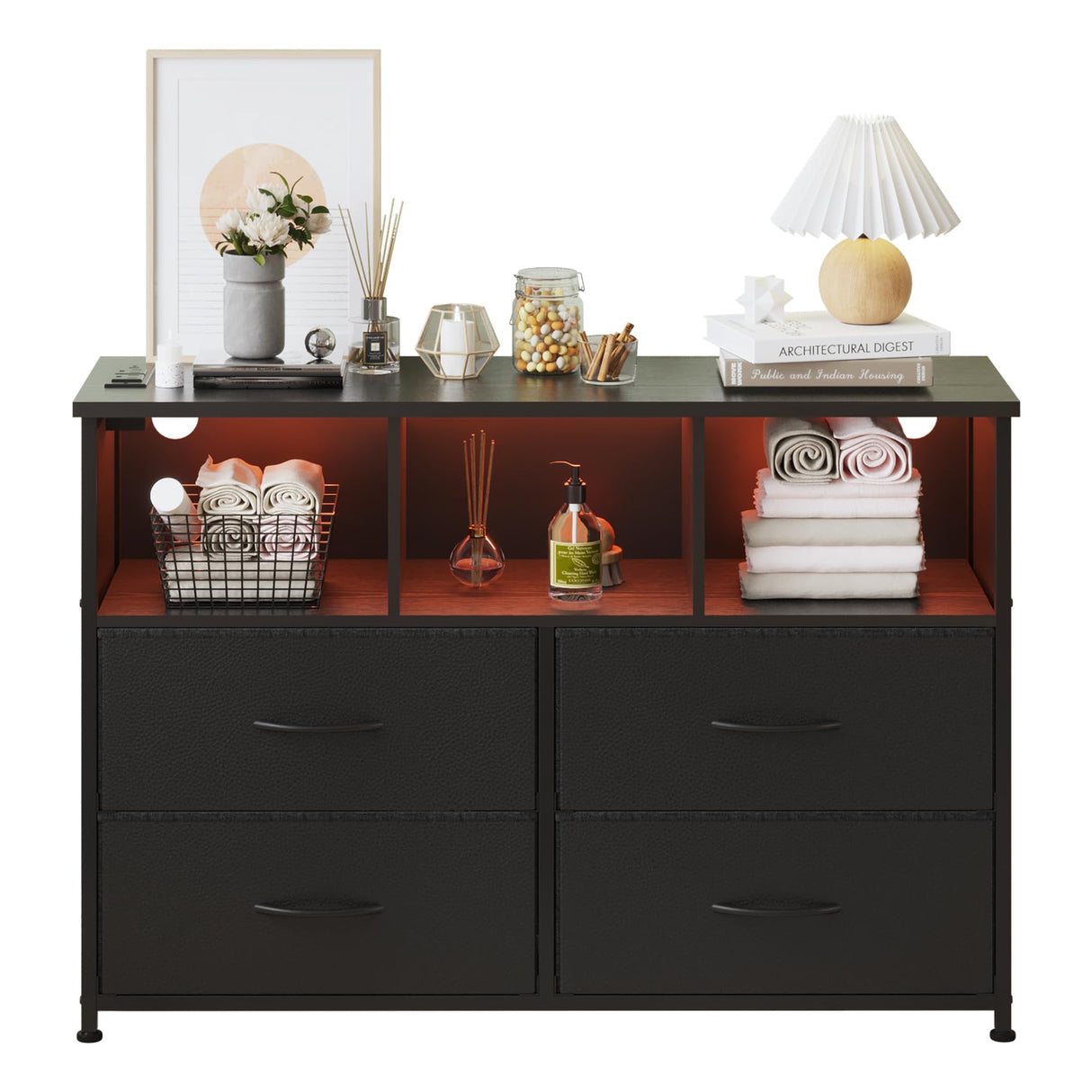 LUMTOK 4-Drawers Dresser with 3 Open Storage Shelves, Fabric Dressers Drawers for Bedroom, Hallway, Nursery, Closets, Steel Frame, Wood Top, Easy Pull Handle (Black) LUMTOK