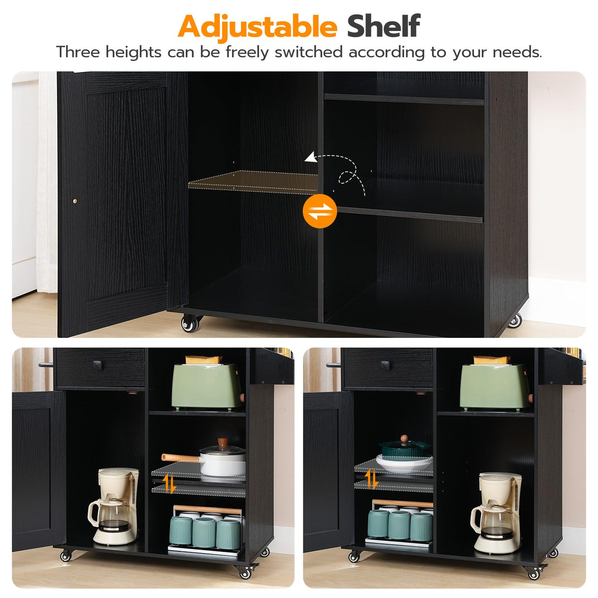 HOOBRO Kitchen Island, Storage Cabinet with Drawer, Kitchen Cart with Spice and Towel Rack, Saving Space, Easy Assembly, for Living Room, Rustic Brown and Black FB12ZD01 HOOBRO