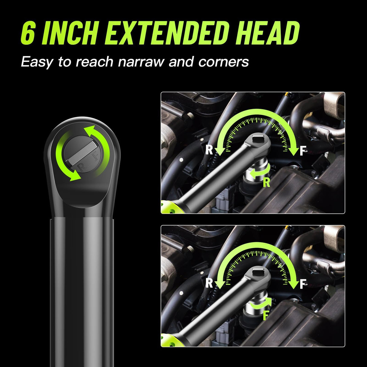 Robustrue 3/8" Cordless Ratchet Wrench, 6 inch Extended Ratchet Wrench, 40Ft-lbs 400RPM Cordless Ratchet, 2 Batteries Power Electric Ratchet Driver with Variable Speed, 7 Sockets, LED Light Robustrue