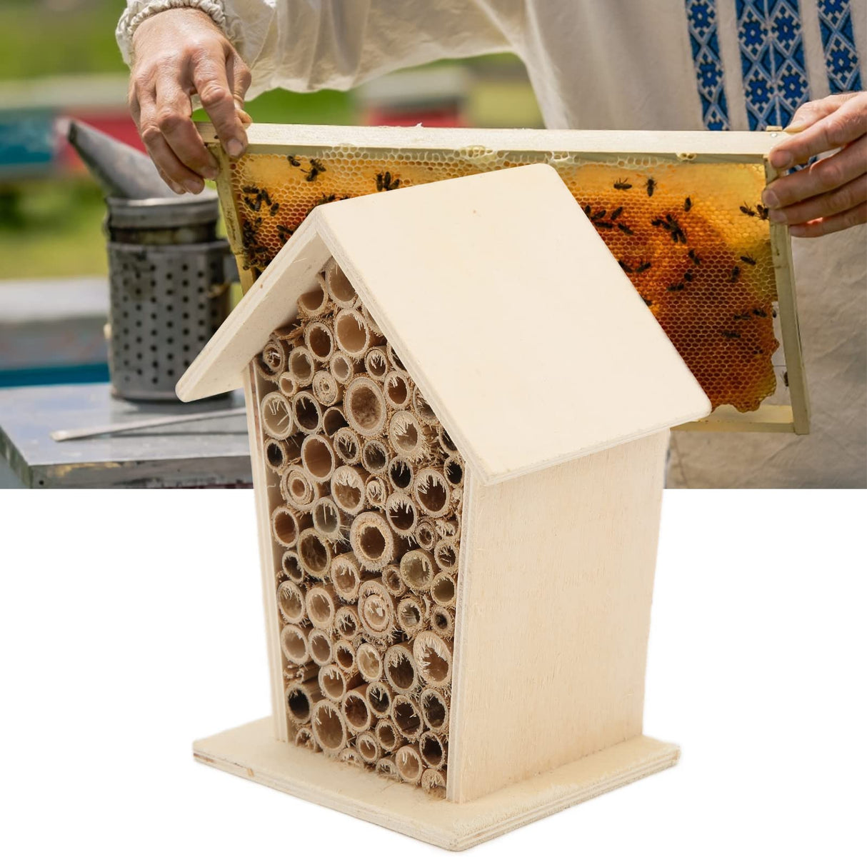 Bee Houses Bird House Bee Hive Wooden Insects House, Wooden Bee Hive, Hanging Hotels for Pollinator Bees, Ladybugs Pssopp