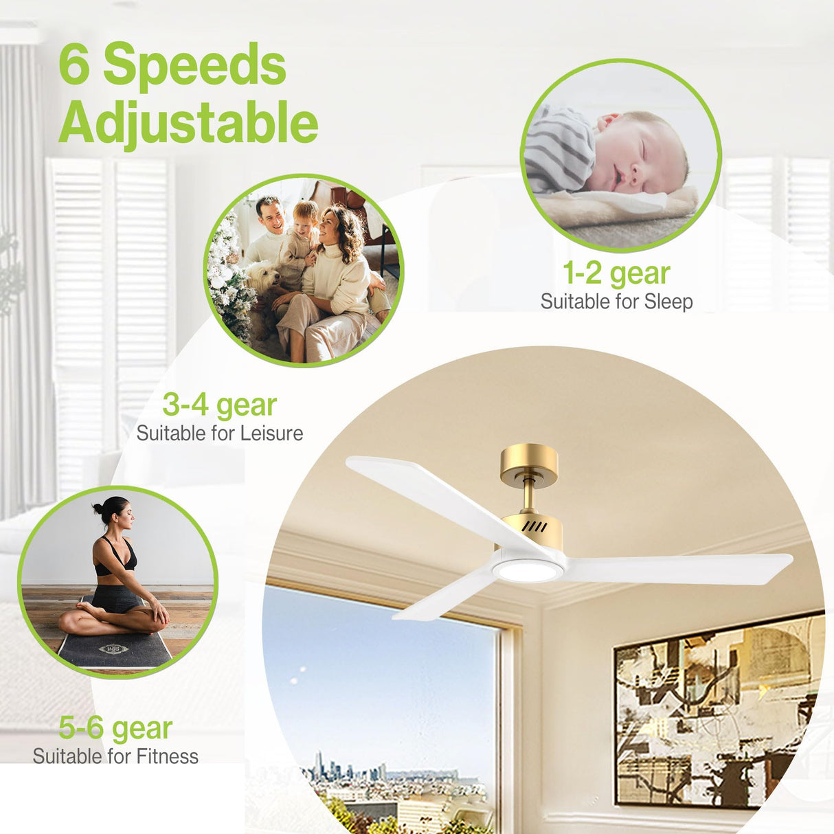 DAMINY Natural Solid Wood White and Gold 52 inch Ceiling Fan with Light,3 Blade Ceiling Fan with Light,6CCT,Low Profile Ceiling Fan with Light and Remote Control DAMINY