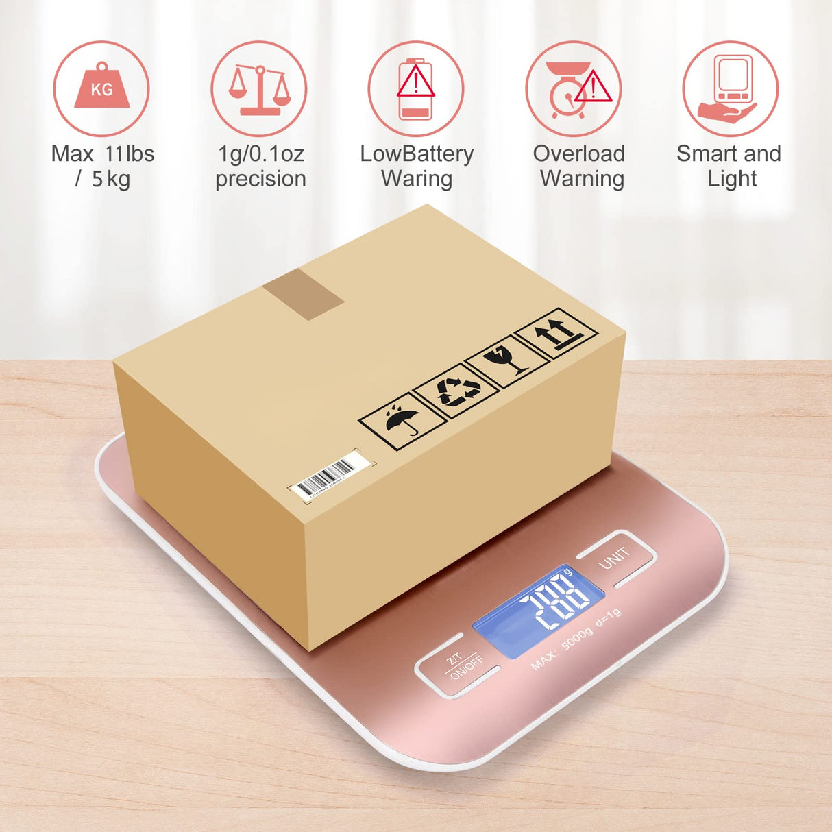 Selegere Digital Shipping Scale,Stainless Steel Panel, Accurate 5kg/1g Portable Postal Scale for Packages, Small Business,Kitchen, Food, Handmade, Liquids, and Boutique (Rose Gold) Selegere