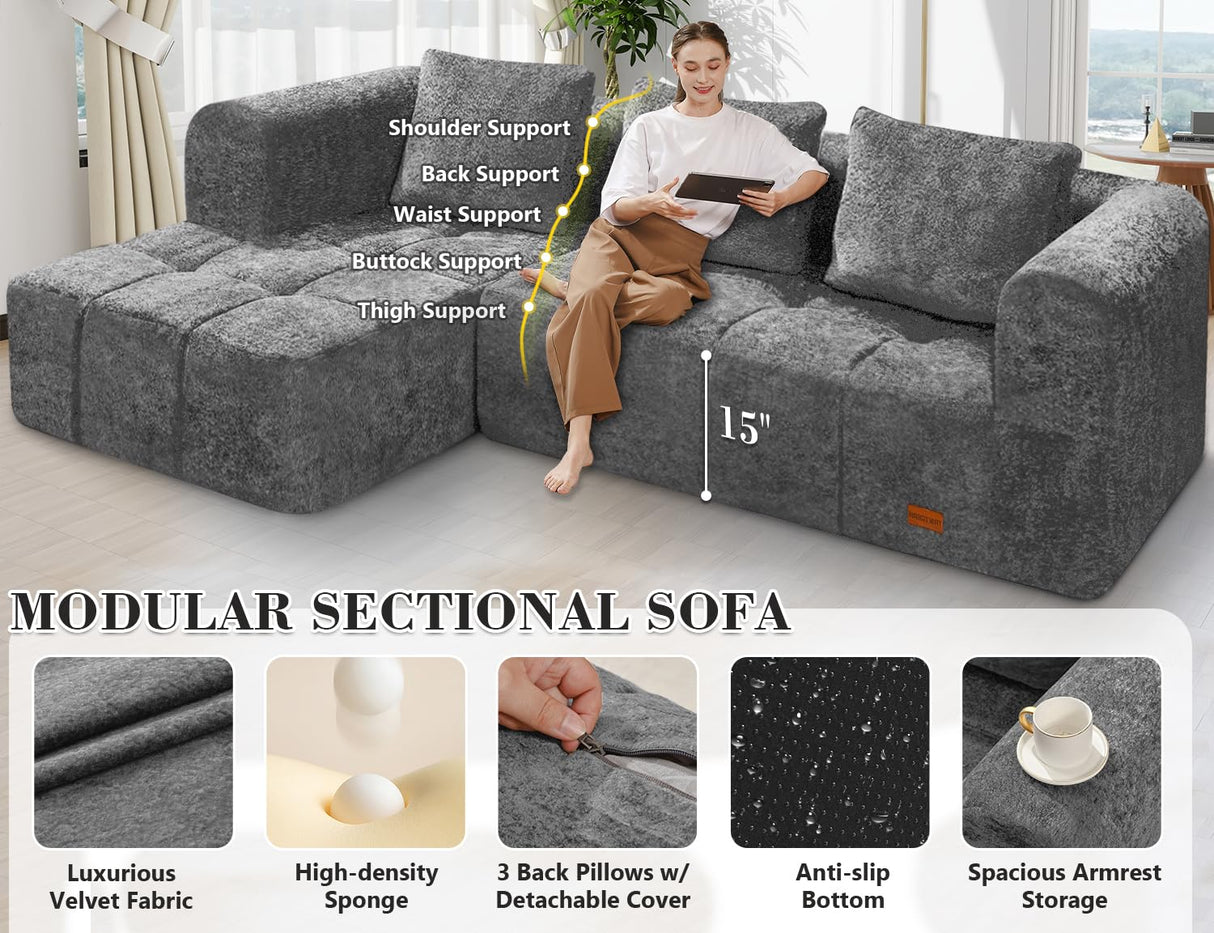 HABUTWAY 103" L-Shaped Modular Sectional Sofa, No Assembly Required Deep Seat Couch with 3 Pillows, Soft Fabric Upholstered, Modern Chaise Lounge for Living Room, Bedroom, Grey HABUTWAY