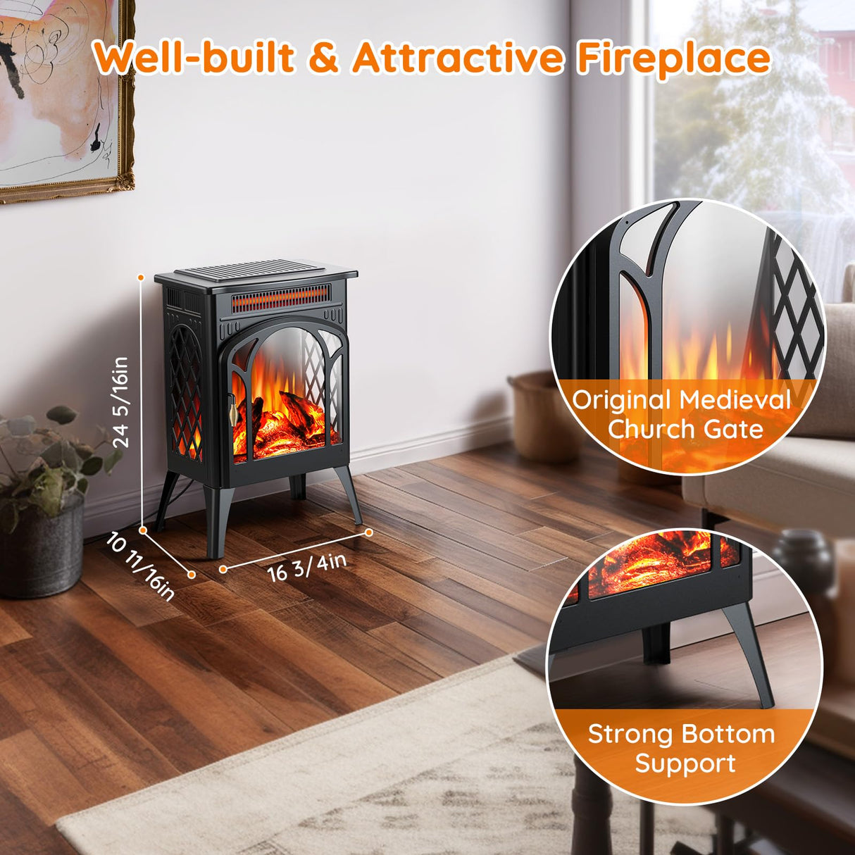 Rintuf Small Electric Fireplace Heater, 1500W Infrared Fireplace Stove with 3D Flame Effect, Adjustable Thermostat, 8H Timer, Remote Control, Freestanding Space Heaters for Indoor Use Large Room Safe Rintuf