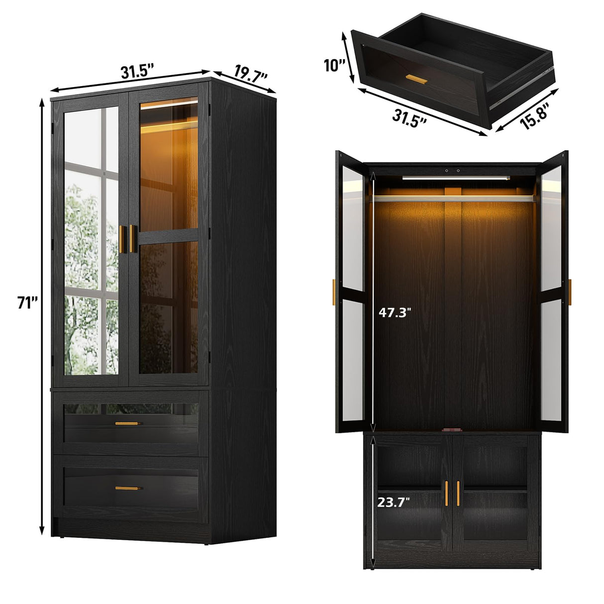 2 Doors Armoire Wardrobe Closet with LED and Mirror,71" H Freestanding Wooden Wardrobe Closet Cabinet for Bedroom w 2 Drawers,Wooden Clothing Storage Cabinet w Hanging Rod,Closets for Bedroom(Black) chartustriable