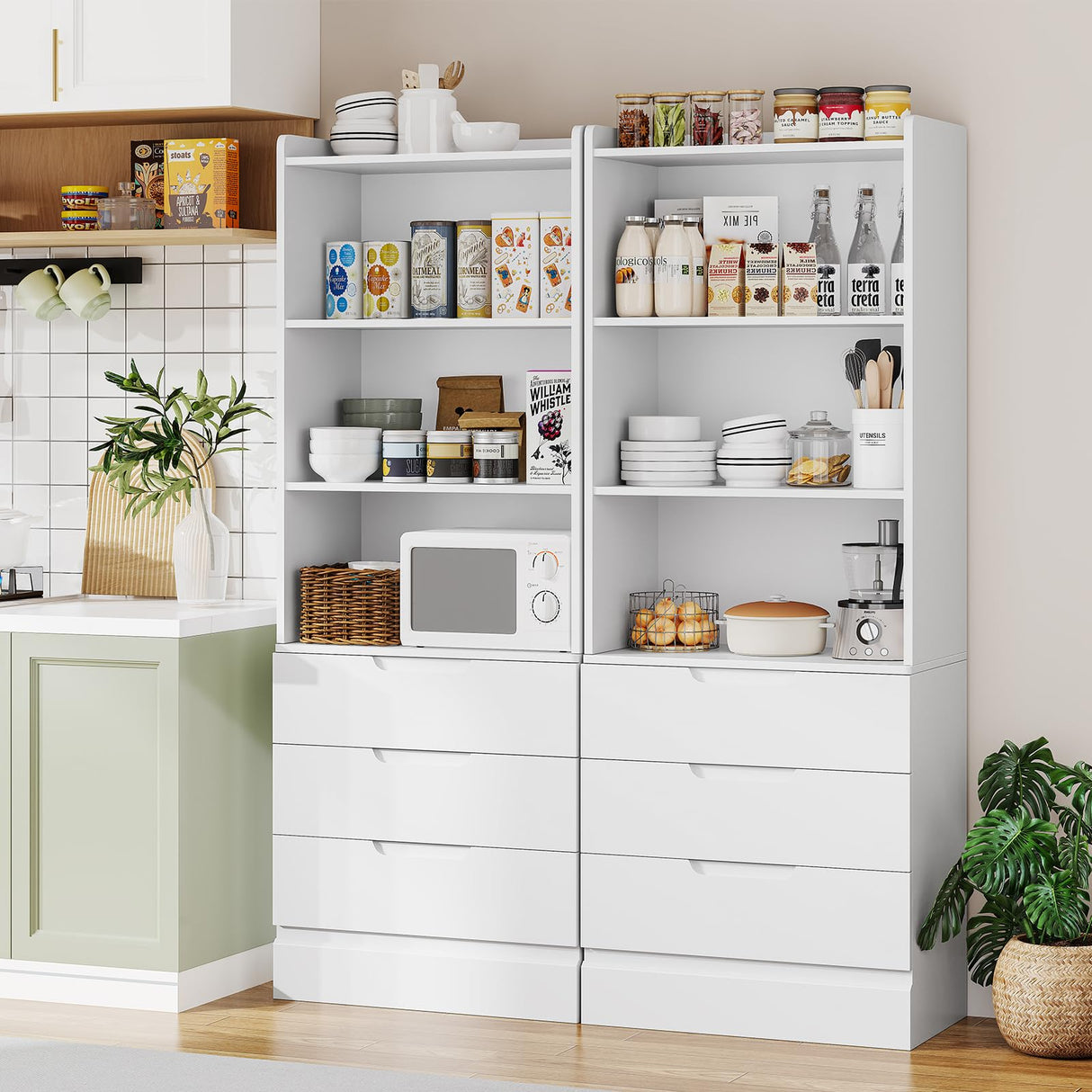 Hasuit Tall Bookshelf with Drawers Bookcase with 3 Drawers and 3-Tier Open Shelves Tall White bookshelf with Anti-Tipping Kits Wood bookshelf with Storage for Study Living Room Kitchen Bathroom, White Hasuit