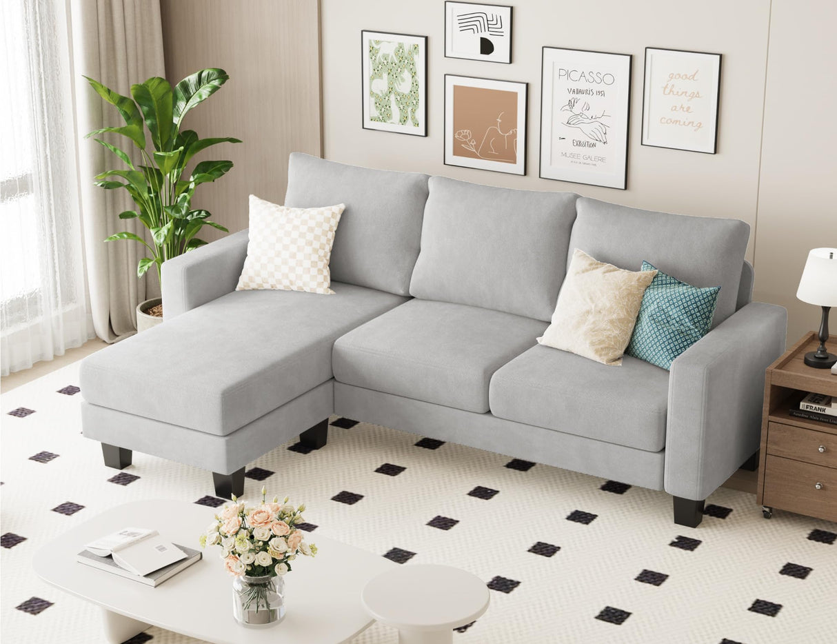 Homall Sofa for Living Room, Couch with Convertible Chaise, 3 Seat L-Shaped Sofas, Comfy Fabric Couches for Apartment, Small Space, Pale Gray Homall