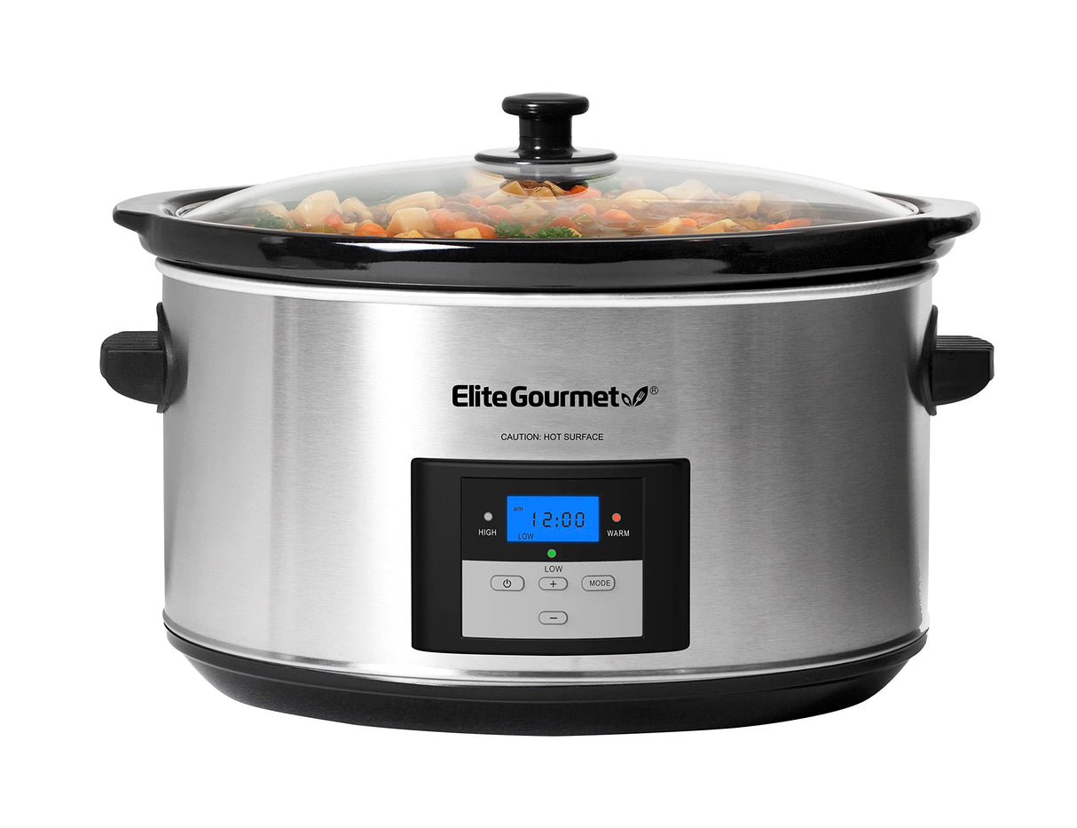 Elite Gourmet MST-900D 8.5Qt Digital Programmable XL Jumbo Slow Cooker, Adjustable Temp, Entrees, Sauces, Stews & Dips, Dishwasher Safe Glass Lid & Crock, Stainless Steel Elite Gourmet