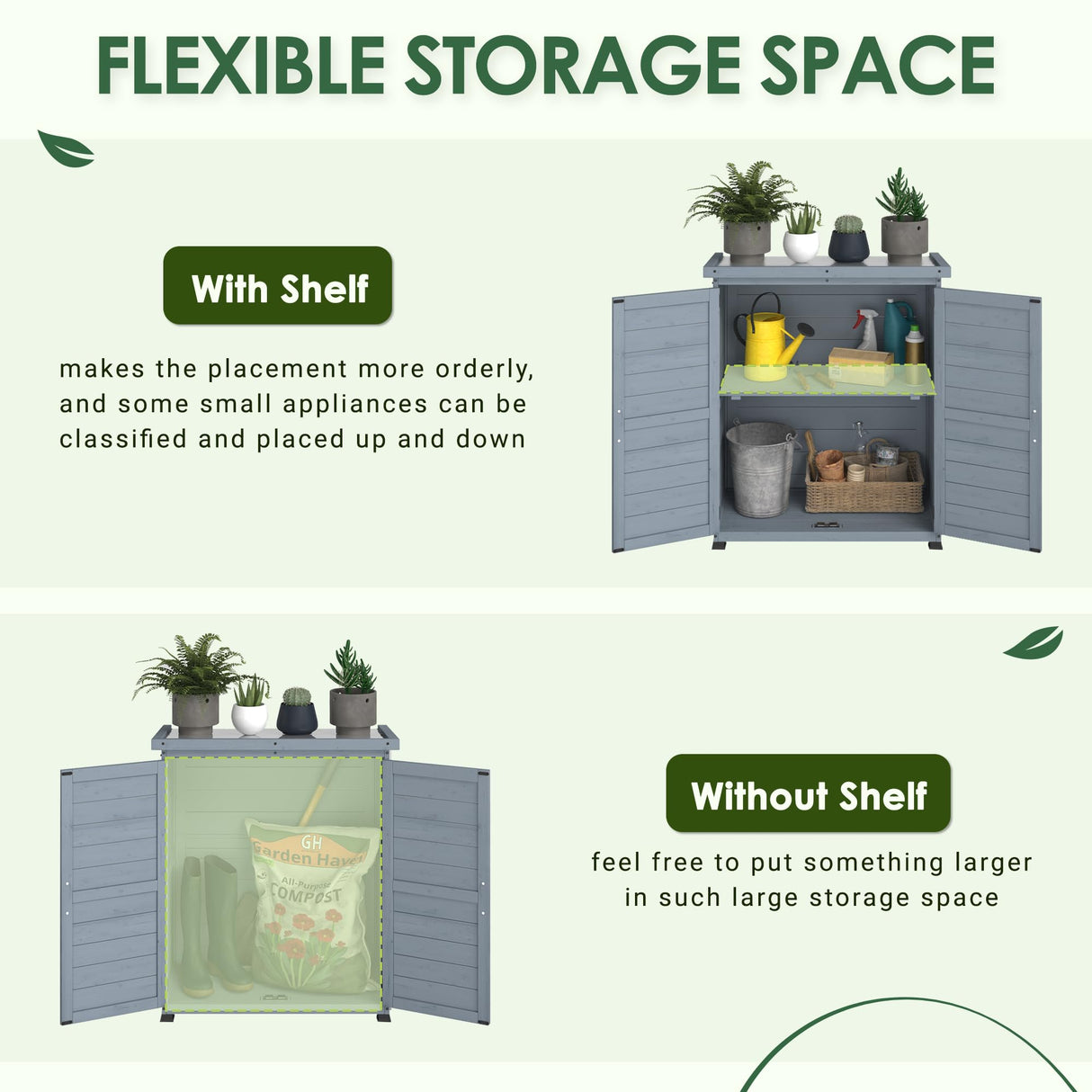 AECOJOY Outdoor Storage Cabinet, Solid Wood Planting Work Bench, Garden Potting Bench Table with Metal Tabletop and Adjustable Shelves, Grey AECOJOY