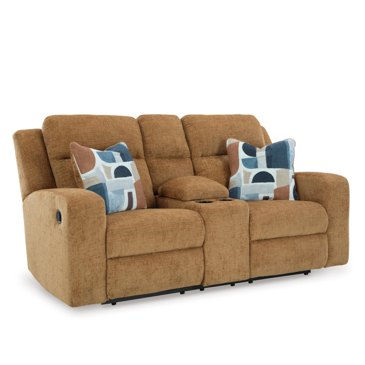 Signature Design by Ashley Kanlow Contemporary Manual Double Reclining Loveseat with Console, Storage, Cup Holders and 2 Accent Pillows, Light Brown Signature Design by Ashley