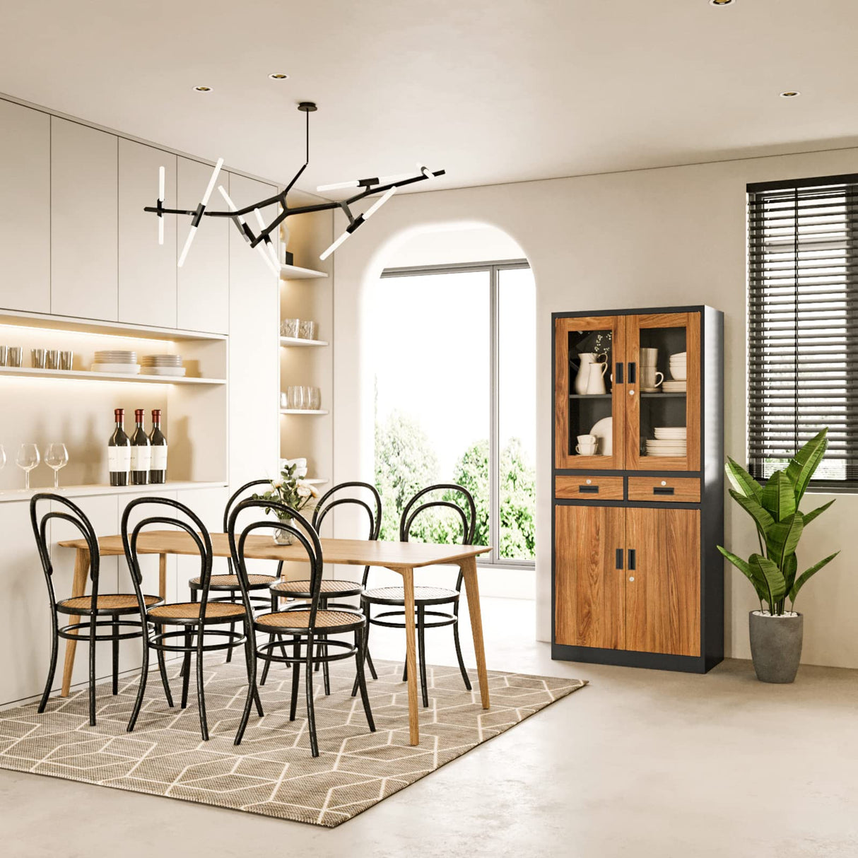 PEUKC Kitchen Pantry Cabinet, 71" Freestanding Kitchen Pantry Storage Cabinet with Drawer and Adjustable Shelves, Metal Tall Pantry Cabinet Cupborad with Glasses Doors, Wood Color PEUKC