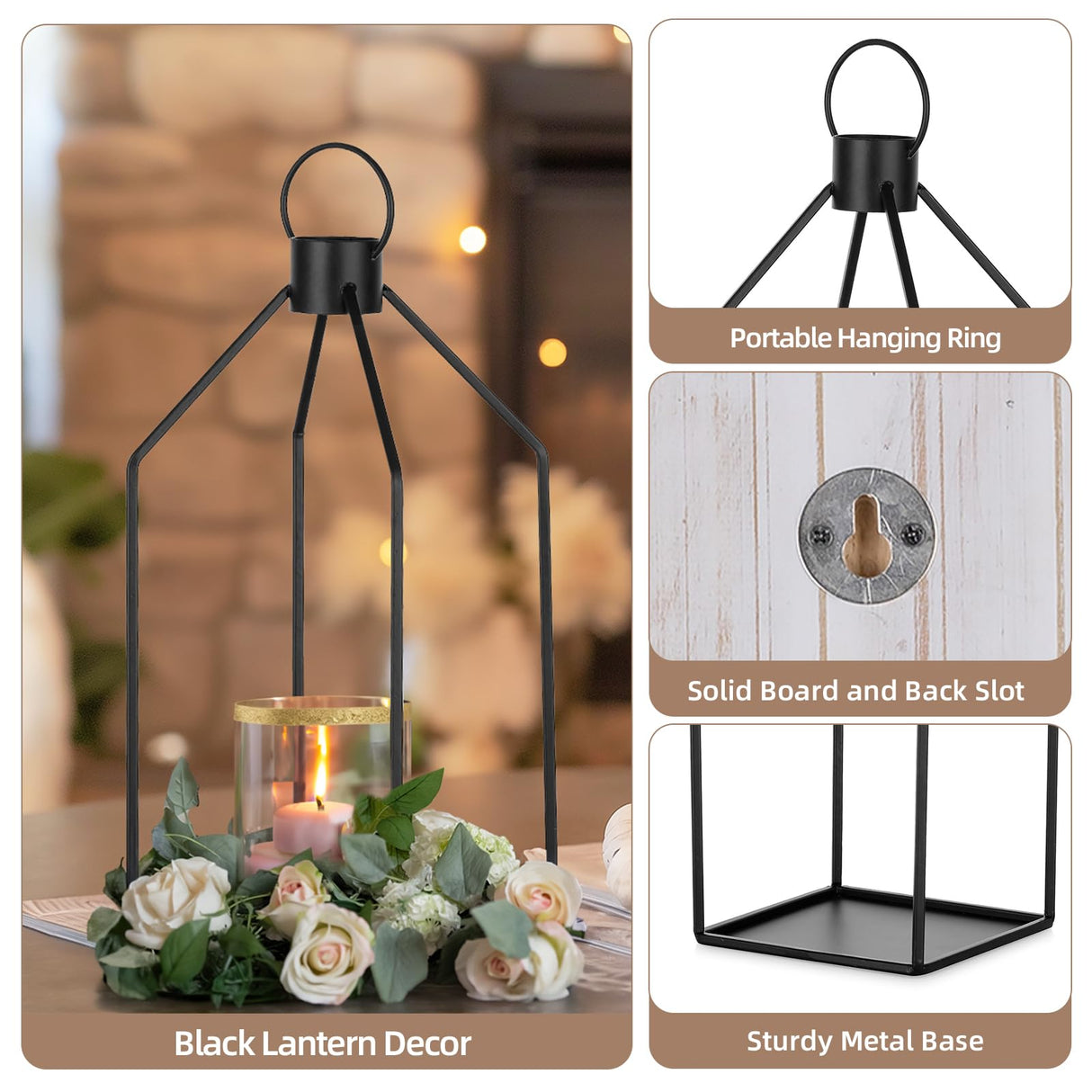 Staymoment Candle Sconces Wall Decor Set of 2: Farmhouse Wood Candle Holder - Indoor Black Metal Lantern Decorations for Living Room Front Porch Yard, Washwhite Staymoment