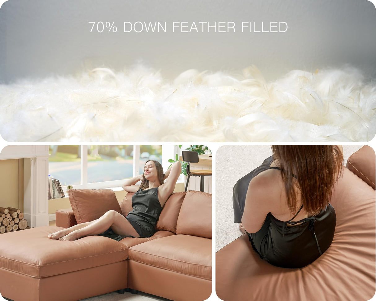 PaPaJet Modular Sectional Sofa, 152 Inches Down Filled Sectional Sofa, 6 Seats U Shaped Cloud Couch with Chaise, Ottoman, Oversized Couch for Living Room, Brown Anti-Scratch Leathaire Couch Set PaPaJet