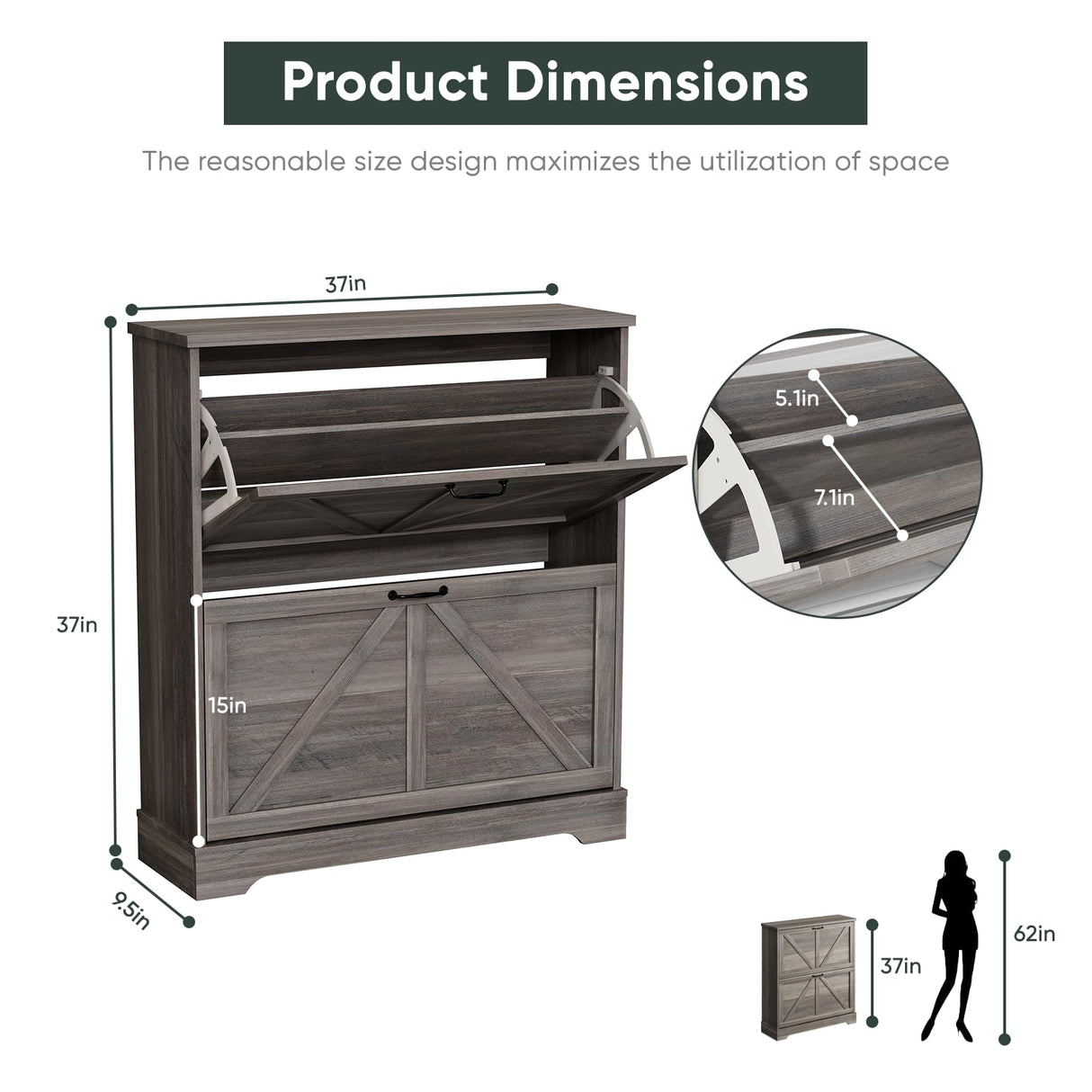 Smart Fendee Shoe Storage with 2 Flip Drawers, Farmhouse Organizer umooper with Wooden Feet, Slim Shoe Rack, Narrow Entryway Storage, Gray Smart FENDEE