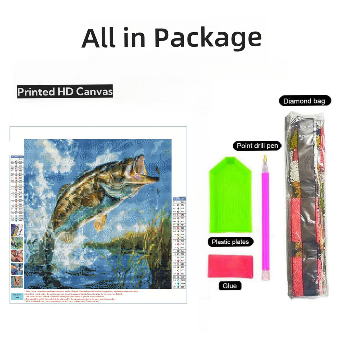 Fish Bass Bite Fishhook Jump 5D Diamond Art Painting by Number Kits for Adults DIY Paint with Full Drill Round Diamond Gems Painting Art Craft for Home Wall Decor 13.8x13.8inch WoodArtSupply