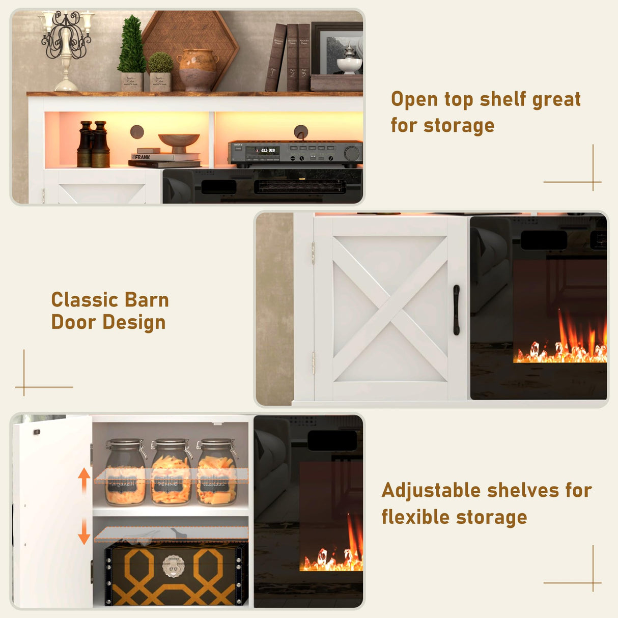 jiteentarou Farmhouse Fireplace TV Stand for 70/75/80 Inch TV, 32”Tall Entertainment Center w/ 36”Electric Fireplace & LED Light, 70”Media Console w/Barn Door Cabinet for Living Room, White jiteentarou