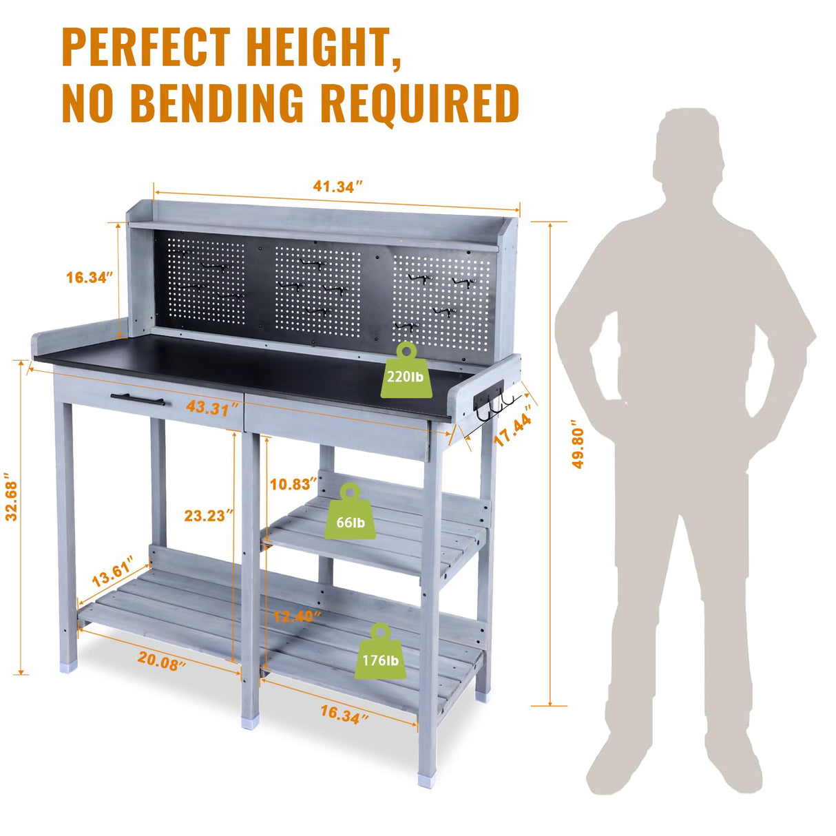 Outdoor Potting Bench Table,Garden Work Bench Metal Tabletop Horticulture with Shelf Rack Wooden Potting Benches for Outside with Holey Board/Hooks/Pads/Drawer/Adjustable and Cabinet,Gray Agitree