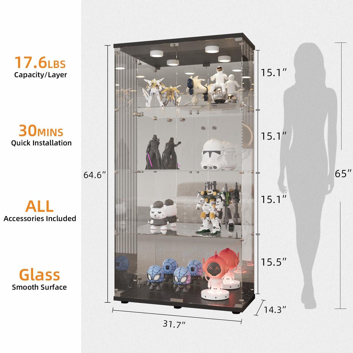 LFT HUIMEI2Y Glass Display Cabinet 4-Shelf with Light,Mirror and Lock, 2 Door Curio Cabinets, 5mm Tempered Glass Floor Standing Bookshelf for Bedroom, Living Room, Black LFT HUIMEI2Y