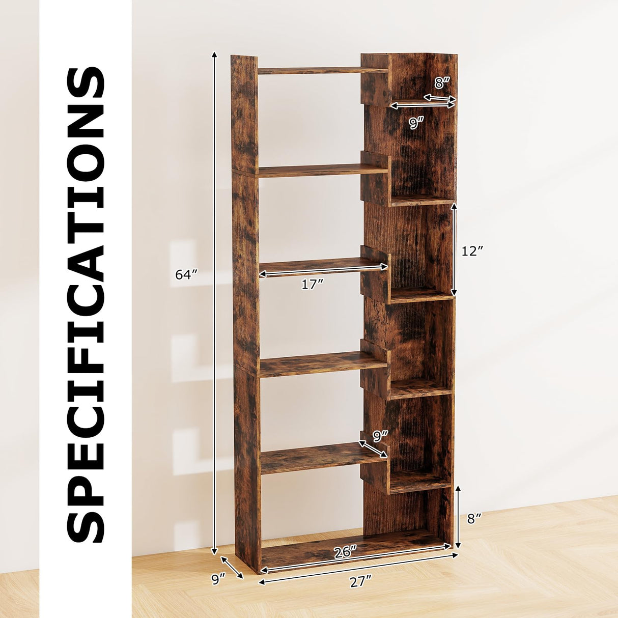Tangkula 6-Tier Bookshelf, 64”H Tall Open Bookcase with Anti-Tip Kits, Home Office Free-Standing Wood Room Divider Display Shelf, Modern 11-Shelf Storage Rack for Study, Living Room (1, Rustic Brown) Tangkula