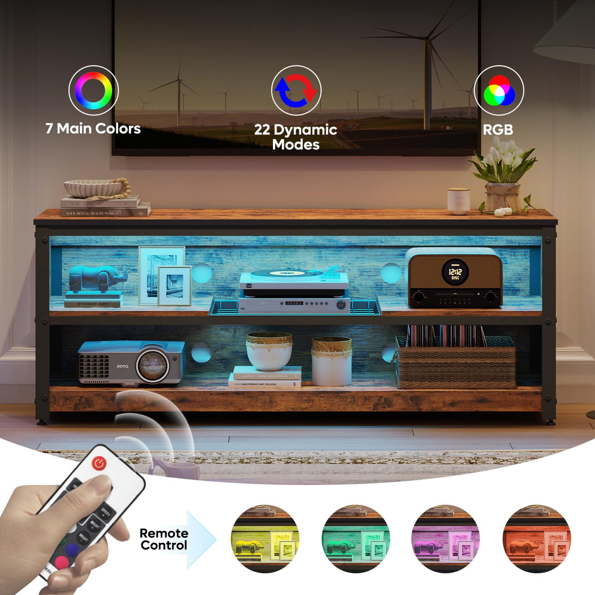 Bestier LED TV Stand for 55/60 Inch TVs, Gaming Entertainment Center with Adjustable Shelves, Modern Industrial Media Console with Storage Shelves for Living Room Bedroom, Rustic Brown Bestier