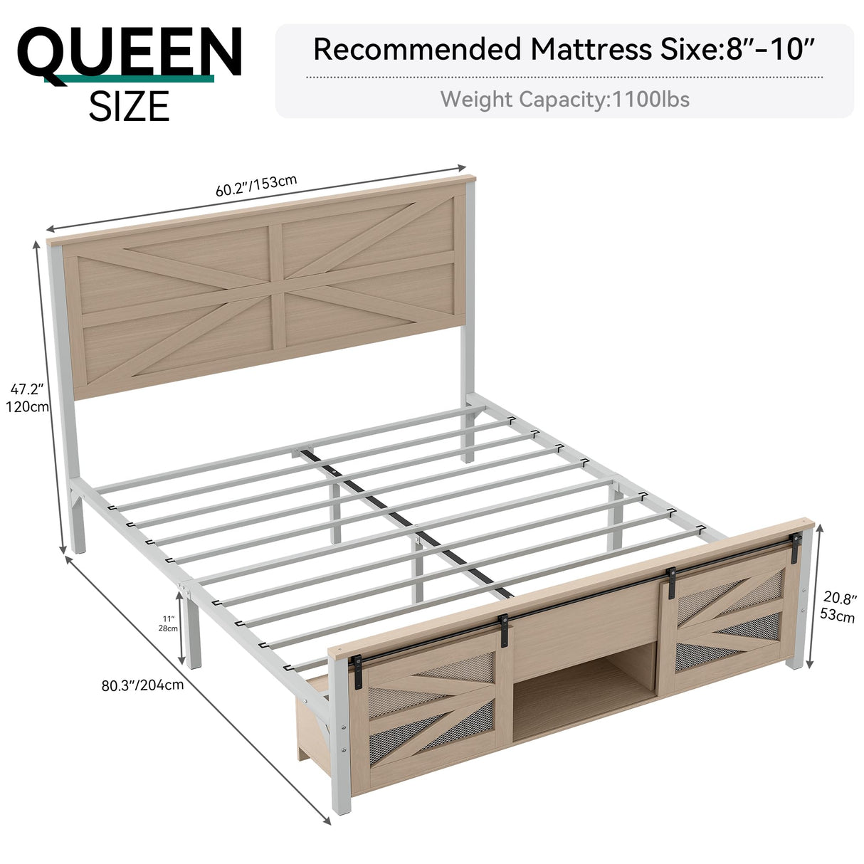 YITAHOME Queen Size Farmhouse Bed Frame with Sliding Barn Door Storage Cabinets, Platform Bed Frame with 47.2" Headboard, Solid Metal Slats Support, Noiseless, No Box Spring Needed, Oak YITAHOME