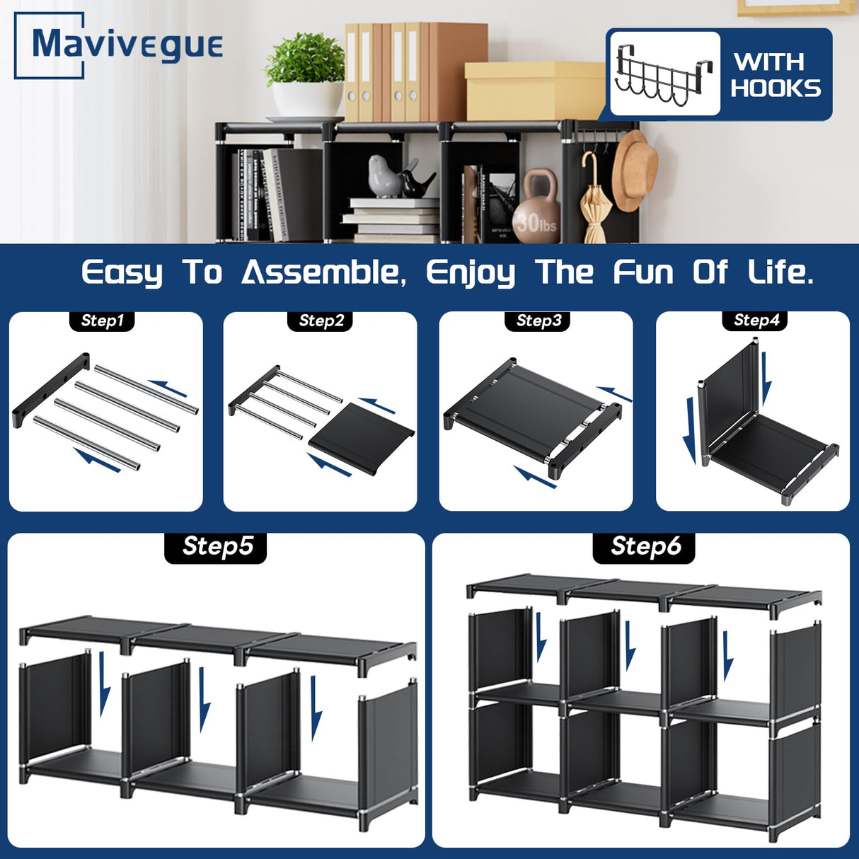 Mavivegue Book Shelf, 12 Cube Storage Organizer, DIY Bookcase, Metal Bookshelf,Tall Book case for Bedroom, Living Room,Office,Closet, Black Cubicle Rack Mavivegue