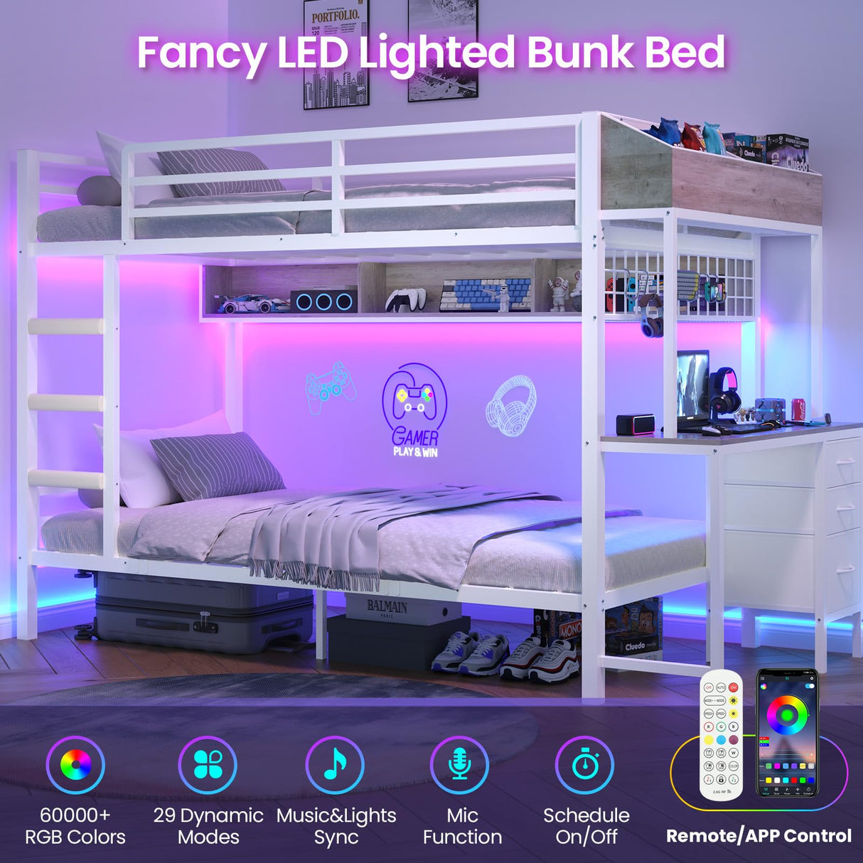VIAGDO Bunk Bed Twin Over Twin with Charging Station and LED Lights, Heavy Duty Metal Bunk Bed with Desk and 3 Storage Drawers, Utility Storage Shelf and Boxes, No Box Spring Needed, White VIAGDO