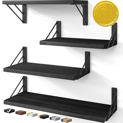 BAYKA Wall Shelves for Bedroom Decor, Floating Shelves for Wall Storage, Wall Mounted Rustic Wood Shelf for Books,Plants,Small Wall Shelf for Bathroom,Kitchen,Living Room(Black๏ผSet of 4)
