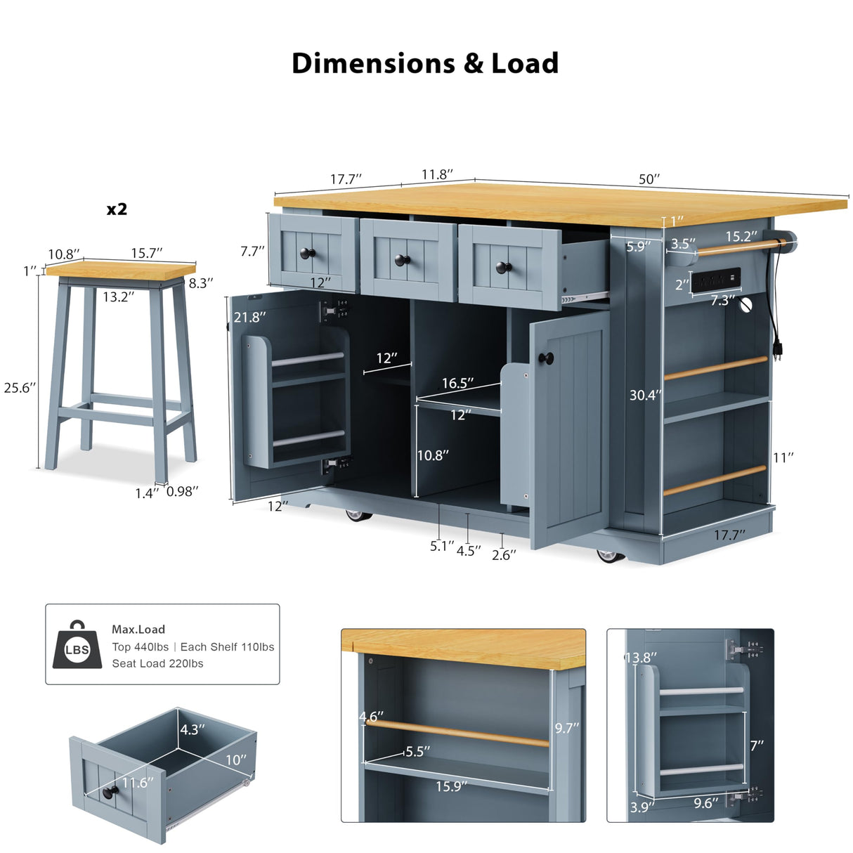 Yayzy Rolling Kitchen Island with 2 Bar Stools, Drop Leaf & Power Outlet, Large Kitchen Islands Cart on Wheels, Movable Island with 5 Open Shelves & Towel Rack for Dining Room, 53″, Grey Blue Yayzy