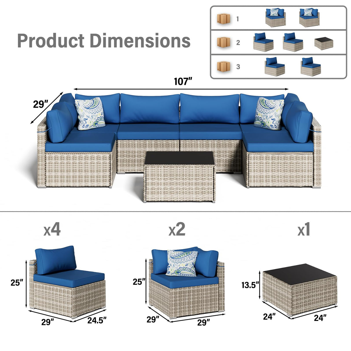 RESOM 7-Piece Gray Rattan Patio Furniture Sets, Outdoor Conversation Sofa Sets with Water Resistant Blue Cushions & Tempered Glass Coffee Table, Modular Outdoor Sectional Sofa Sets with 2 Pillows RESOM