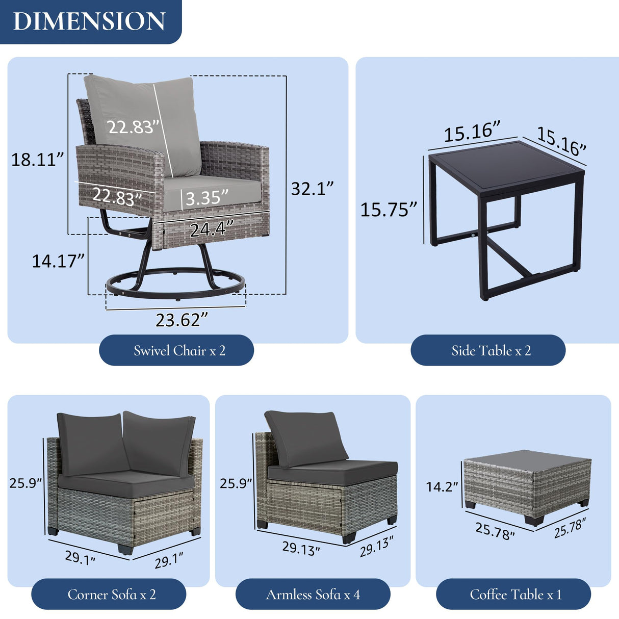 FHFO 10 Pieces Outdoor Patio Furniture Set with Swivel Chairs, Wicker Sectional Sofa Set Rattan Modular Patio Conversation with Cushions Couch & Coffee Table for Garden, Balcony, Porch, Grey-Grey FHFO