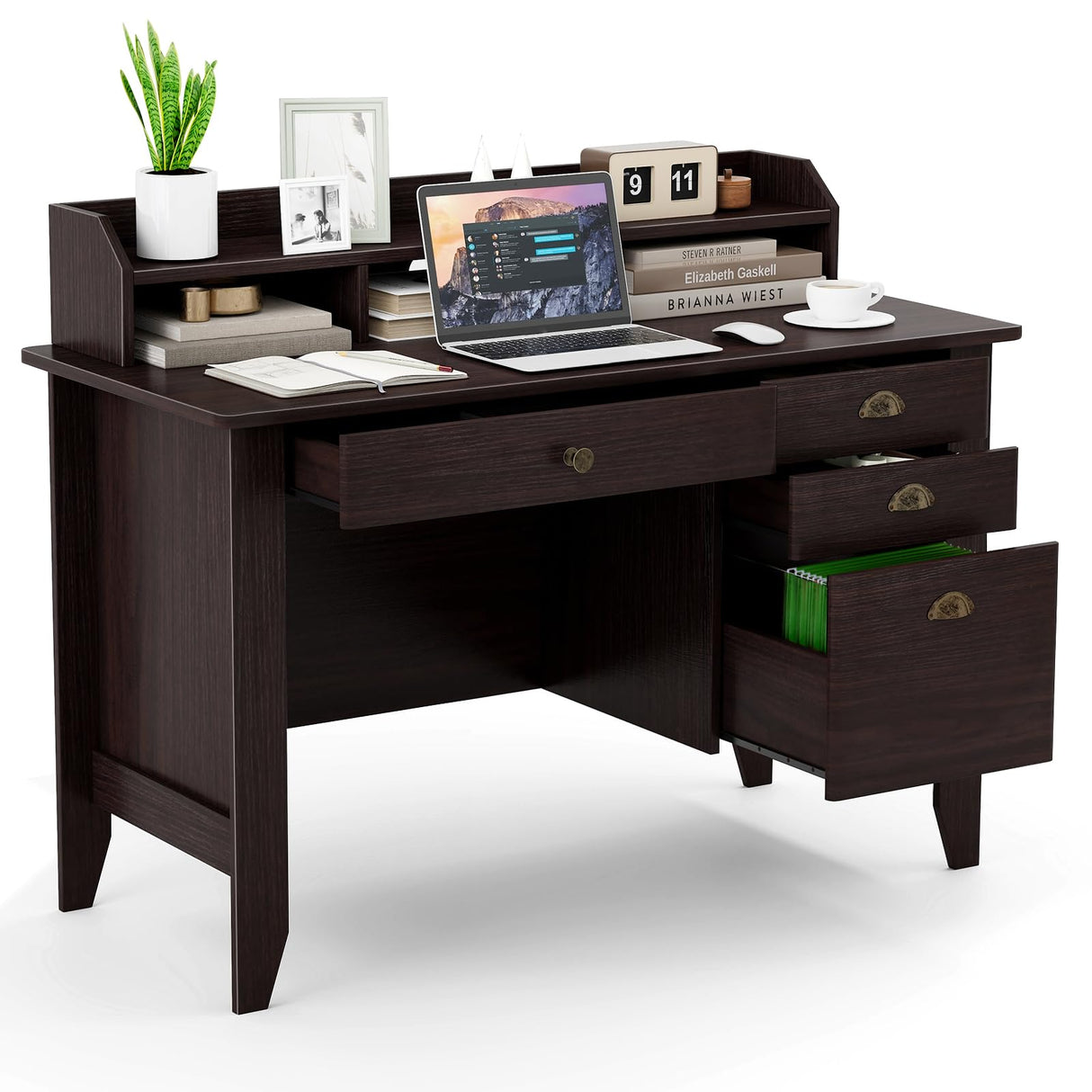 Safeplus 48" Computer Desk with 4 Storage Drawers and Hutch Wood Executive Table for PC Laptop Safeplus