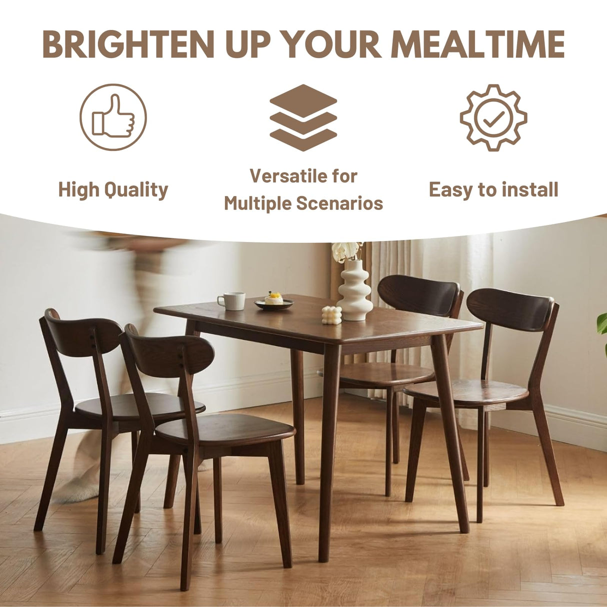 Hymus 100% Solid Oak Wood Dining Room Chairs - Practical Kitchen Chairs for Dining Room, Kitchen, Living Room (4, Walnut) Hymus