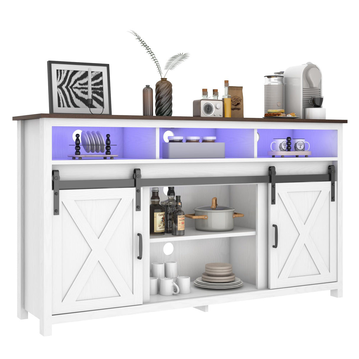 jiteentarou Farmhouse Coffee Bar Cabinet with Power Outlet, Rustic Sideboard Buffet Storage Cabinet with Storage, Wood Buffet Cabinet Serving Table Cupboard for Dining Room, Living Room, White jiteentarou