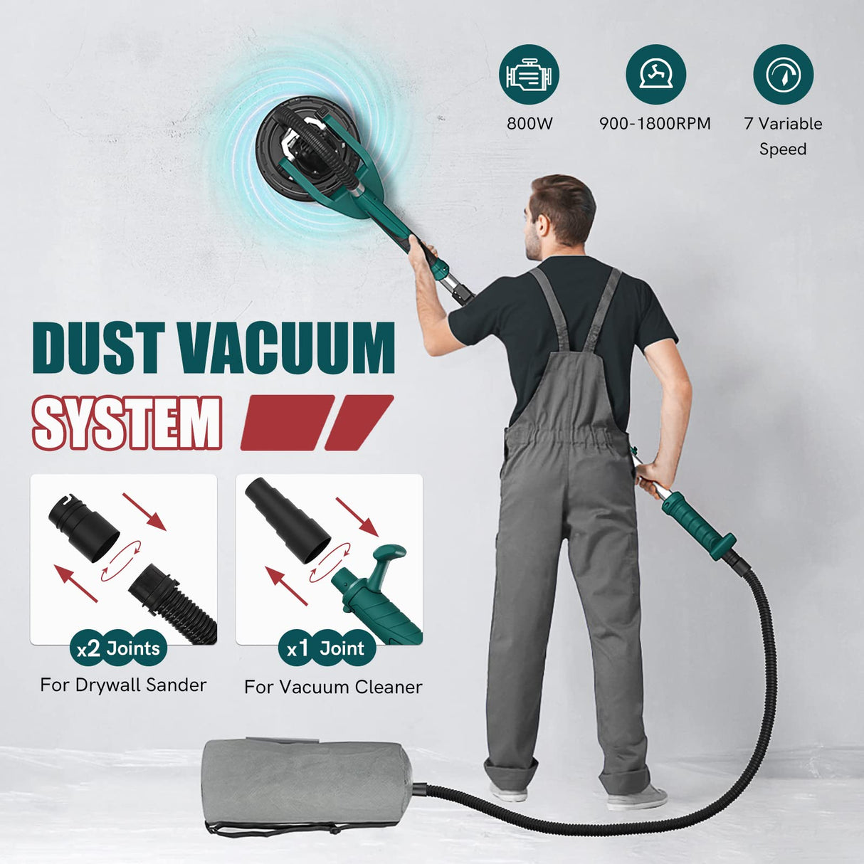 NEU MASTER Drywall Sander, Electric Drywall Sander Variable Speed Pole Sander with Vacuum, 900-1800RPM Foldable Ceiling Sander with 12 Sanding Discs, LED Light, Extendable Handle, Dust Bag and Hose NEU MASTER